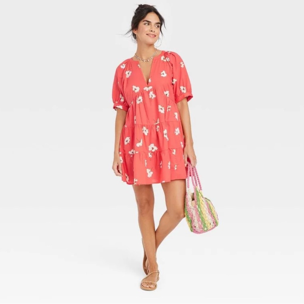 🎯 universal thread|  red floral of sleeve tiered mini dress S